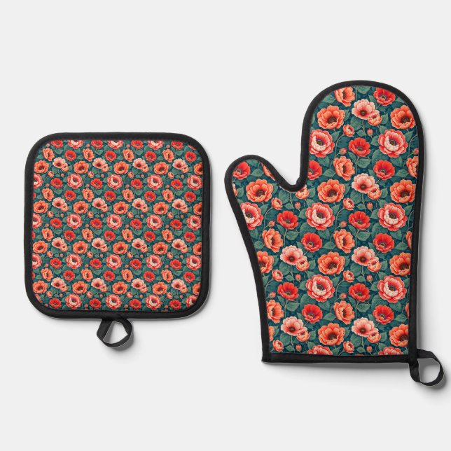 Coral and Pink Chinoiserie Oven Mitt & Pot Holder Set (Front)