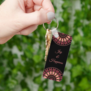 Coral And Pink Feather Mandala Keychain