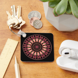Coral And Pink Feather Mandala Keychain