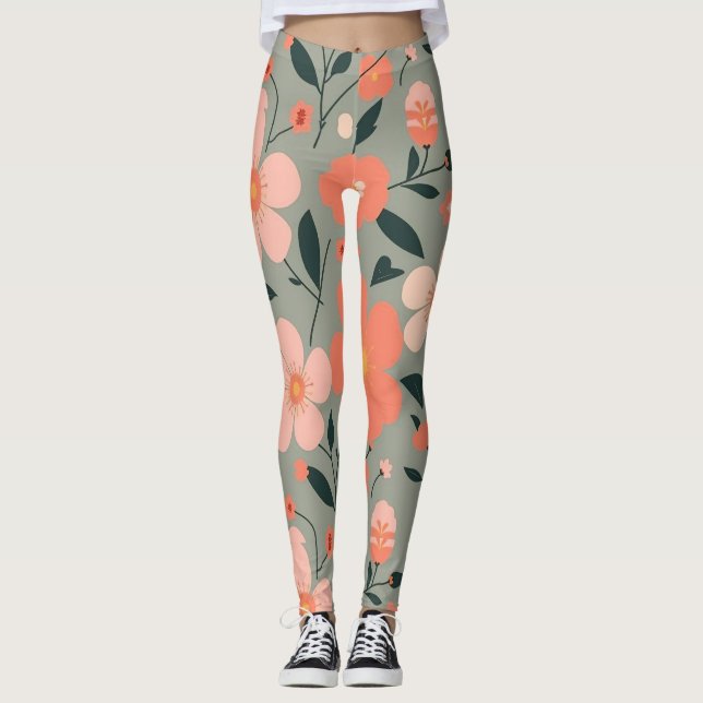 Coral and Pink Floral on Green Leggings (Front)