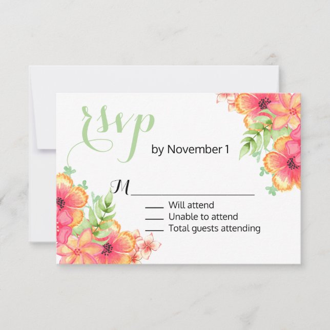 Coral and Pink Floral Wedding RSVP Card (Front)