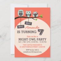 Coral and Pink Night Owl Birthday Party Invitation