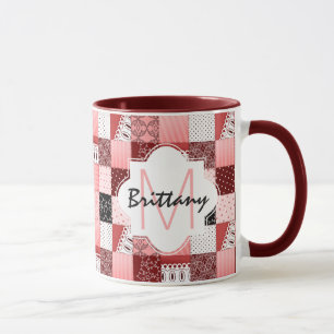 Coral and Red Patchwork Quilt Design Monogram Mug