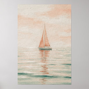 Coral and Sea-Glass Sailboat Coastal Wall Art