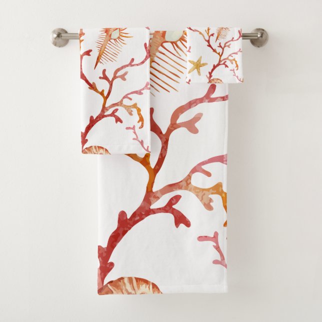 Coral and Seashell Bathroom Towel Set (Insitu)