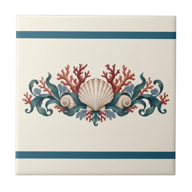 Coral and Seashell Custom Colour Frieze Tile (Coral & seashells in the original ivory palette. Personalize the background and the two independent bands in the design editor.)