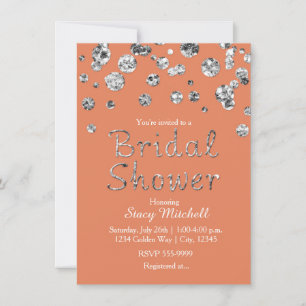 Coral and Silver Glitter Bridal Shower Invitation
