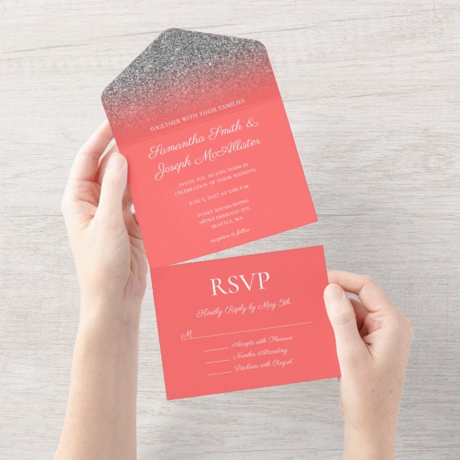 Coral and Silver Ombre Glitter Wedding All In One Invitation (Tearaway)