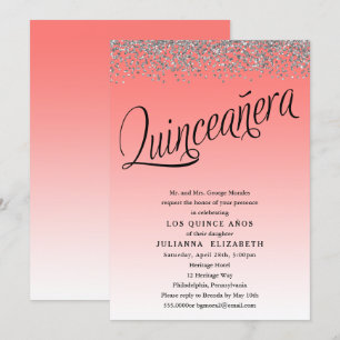 Coral and Silver Quinceanera Birthday Invitation