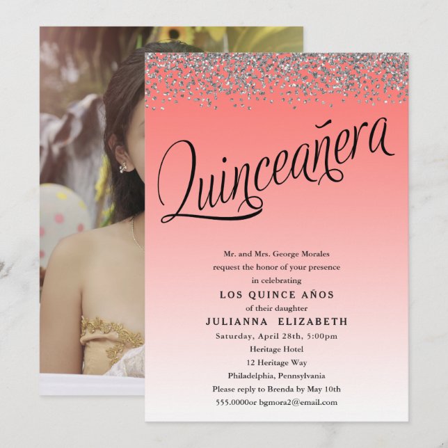 Coral and Silver Quinceanera Photo Invitation (Front/Back)