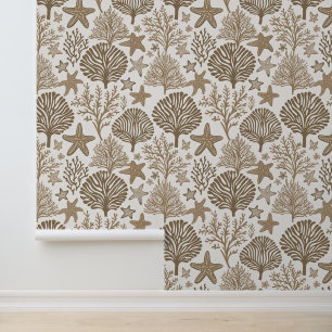 Coral and starfish neutral tone pattern wallpaper