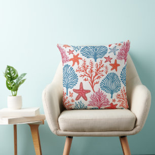 Coral and starfish pattern throw pillow