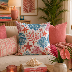 Coral and starfish pattern throw pillow
