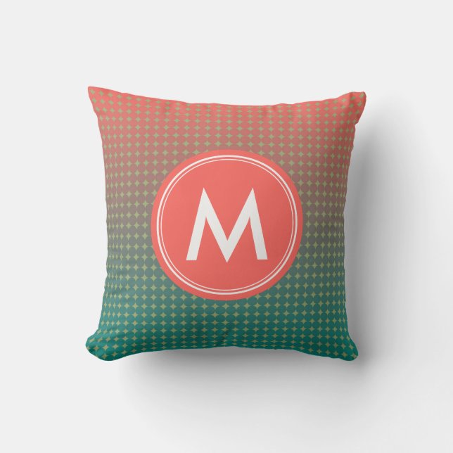 Coral and Teal Beach Sunset Colour Blend Monogram Throw Pillow (Front)
