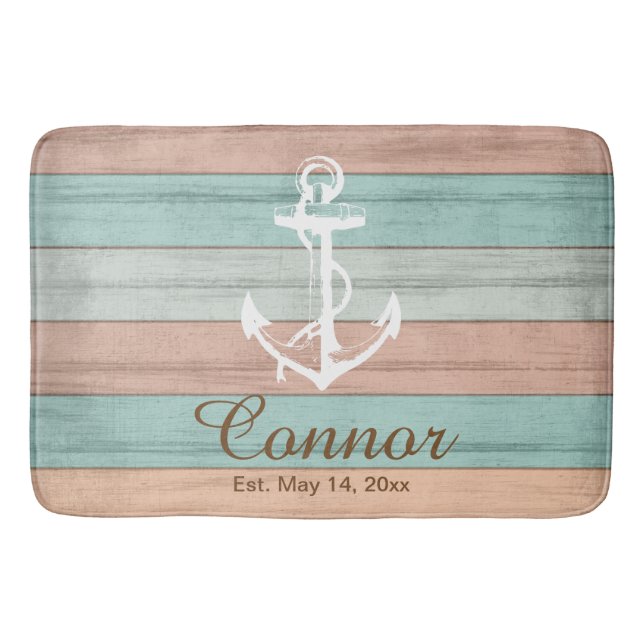 Coral and Teal Beach Wood Nautical Stripes Bath Mat (Front)