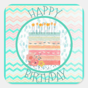 Coral and Teal Cake Happy Birthday Party Stickers