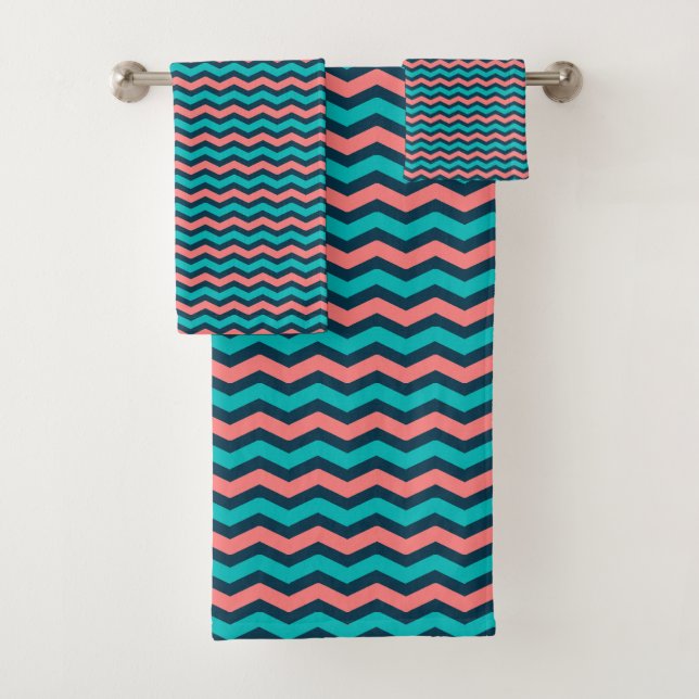 Coral and Teal Chevron Bath Towel Set (Insitu)