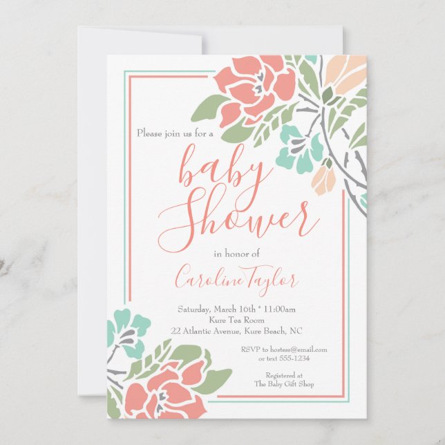 Coral and Teal Floral Baby Shower Invitation (Front)