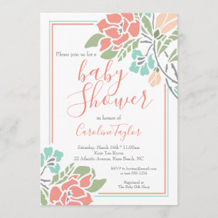 Coral and Teal Floral Baby Shower Invitation