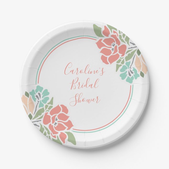 Coral and Teal Floral Bridal Shower Paper Plate (Front)