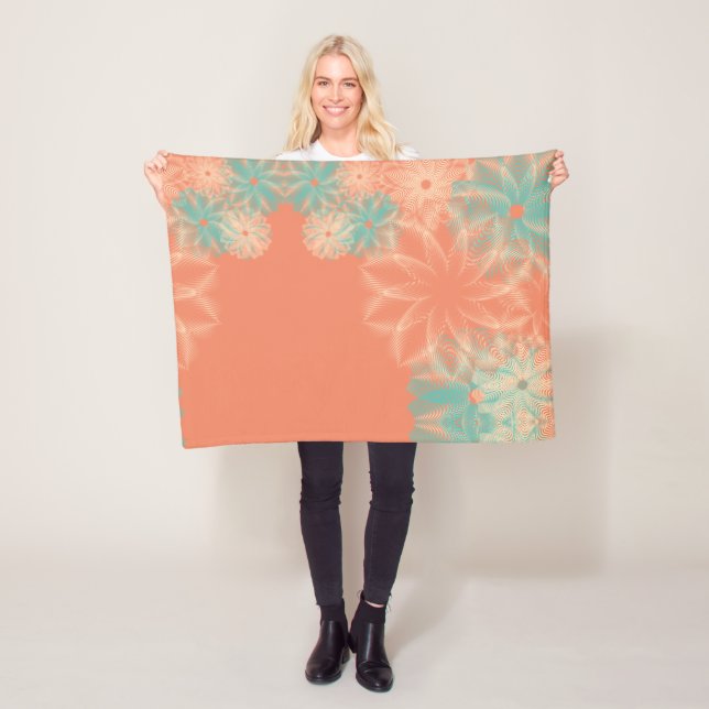 Coral and Teal Floral Design Fleece Blanket (In Situ)