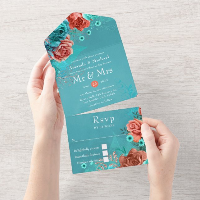 Coral and Teal Floral Wedding All In One Invitation (Tearaway)