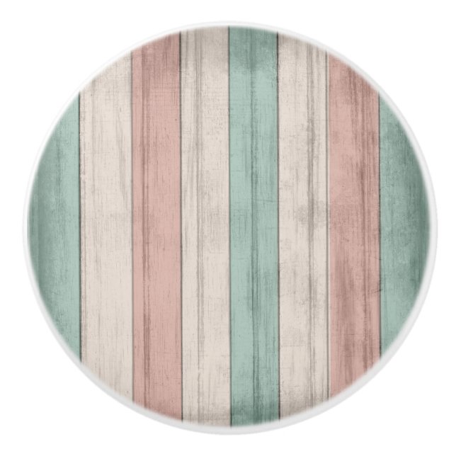 Coral and Teal Nautical Beach Wood Stripes  Ceramic Knob (Front)