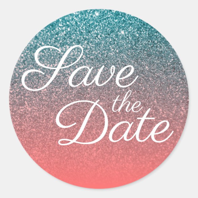 Coral and Teal Ombre Glitter Save the Date Classic Round Sticker (Front)