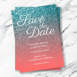 Coral and Teal Ombre Glitter Save the Date Invitation