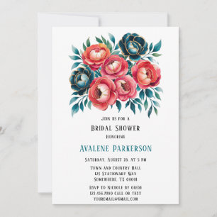 Coral and Teal Peonies Gold Bridal Shower Invitation