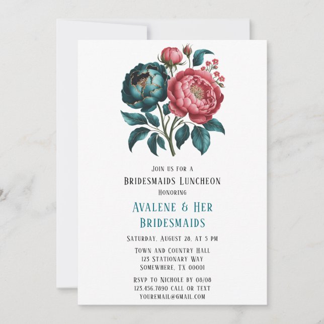 Coral and Teal Peonies Gold Bridesmaids Luncheon Invitation (Front)