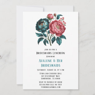 Coral and Teal Peonies Gold Bridesmaids Luncheon Invitation