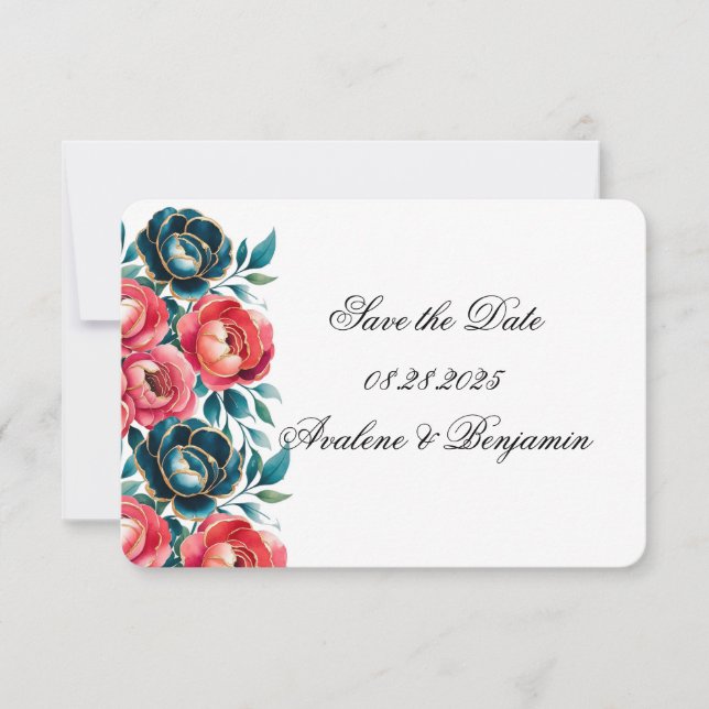 Coral and Teal Peonies Gold Wedding Save The Date (Front)