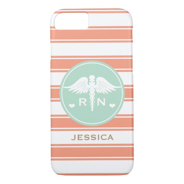 CORAL AND TEAL STRIPE CADUCEUS NURSE RN Case-Mate iPhone CASE (Back)