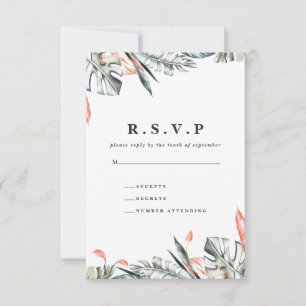Coral and tropical leaf foliage wedding R.S.V.P RSVP Card
