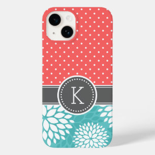 Coral and Turquoise Monogram Polka Dot Floral Case-Mate iPhone 14 Case