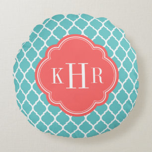 Coral and Turquoise Moroccan Quatrefoil Monogram Round Pillow