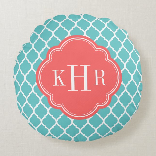 Coral and Turquoise Moroccan Quatrefoil Monogram Round Pillow (Front)