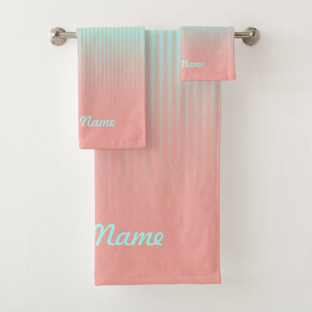 Coral and Turquoise Striped Bath  Towel Set (Insitu)