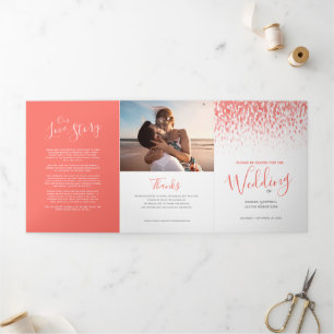 Coral and white abstract art wedding ceremony Tri-Fold programme