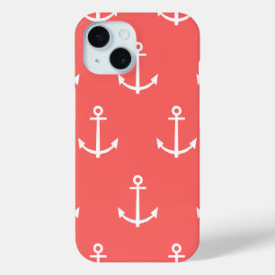 Coral and White Anchors Pattern 1 iPhone 15 Case