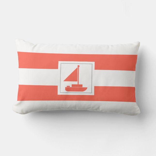 Coral and White Cabana Stripe with Sailboat Lumbar Pillow (Front)
