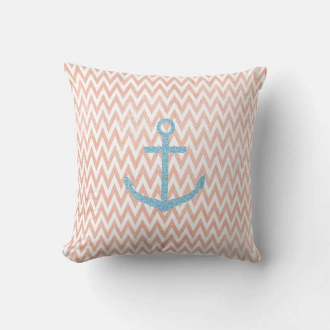Coral and White Chevron Aqua Glitter Anchor Throw Pillow (Front)