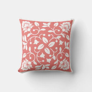 Coral and White Colour flower Throw Pillow