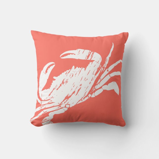Coral and White Distressed Look Crab Graphic Print Throw Pillow (Front)