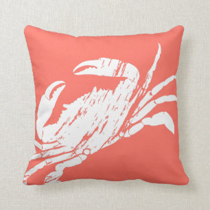 Coral and White Distressed Look Crab Graphic Print Throw Pillow