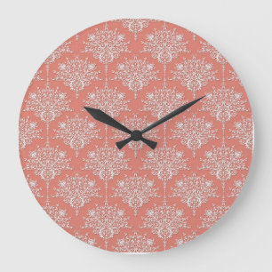 Coral and White Elegant Floral Damask Large Clock