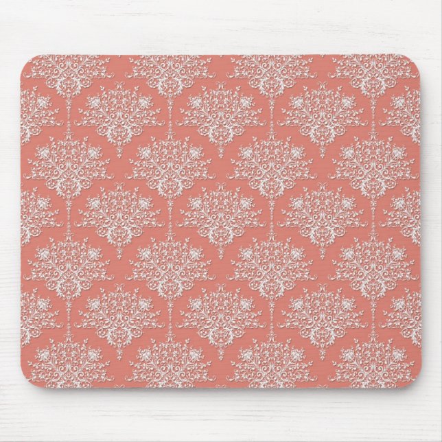 Coral and White Elegant Floral Damask Mouse Pad (Front)