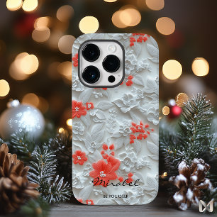 Coral and White Embossed Floral Harmony iPhone 14 Pro Case