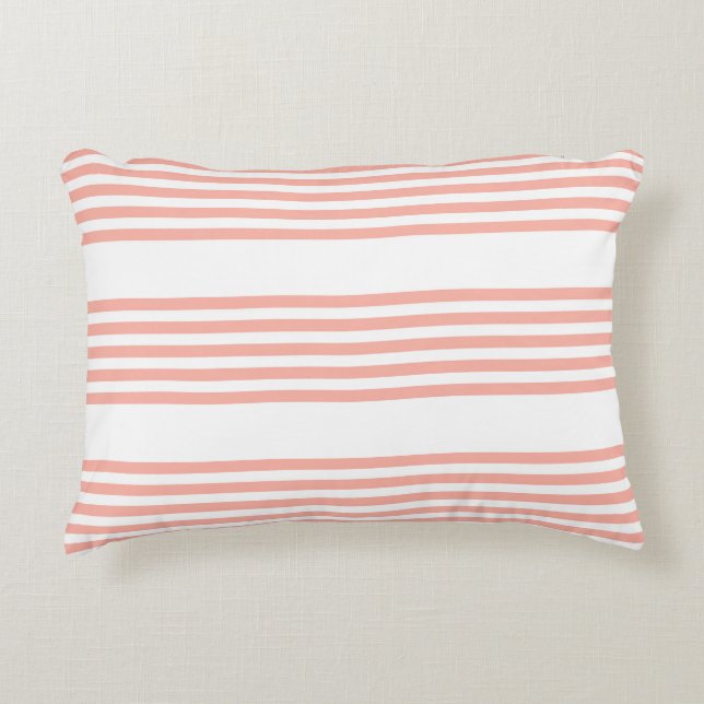 Coral and white five stripe pattern accent pillow (Front)